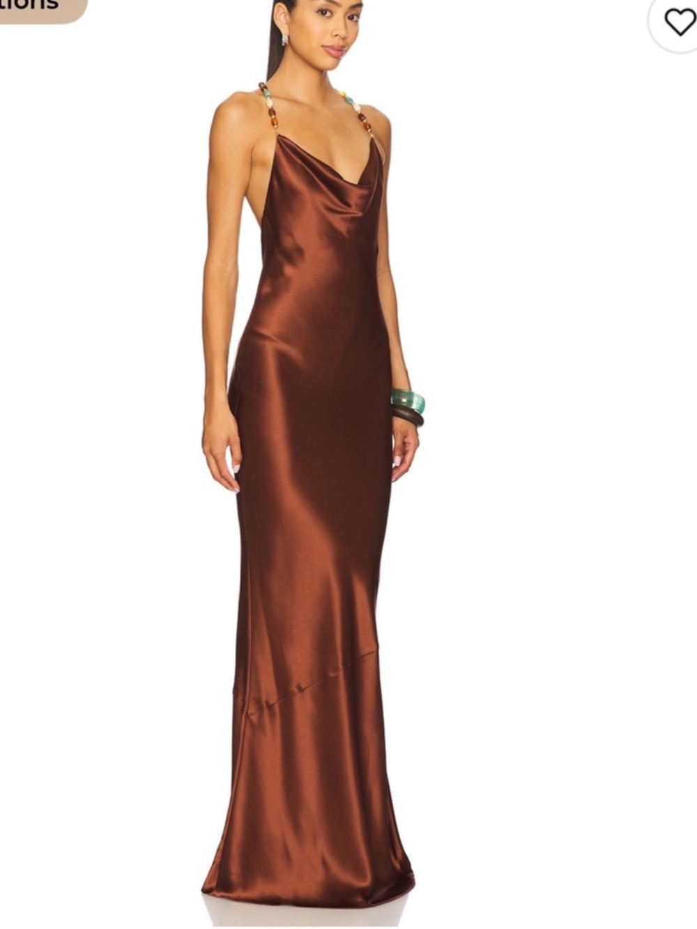 Retrofete Finley Brown Satin Cowl-Neck Maxi Dress with Beaded Straps